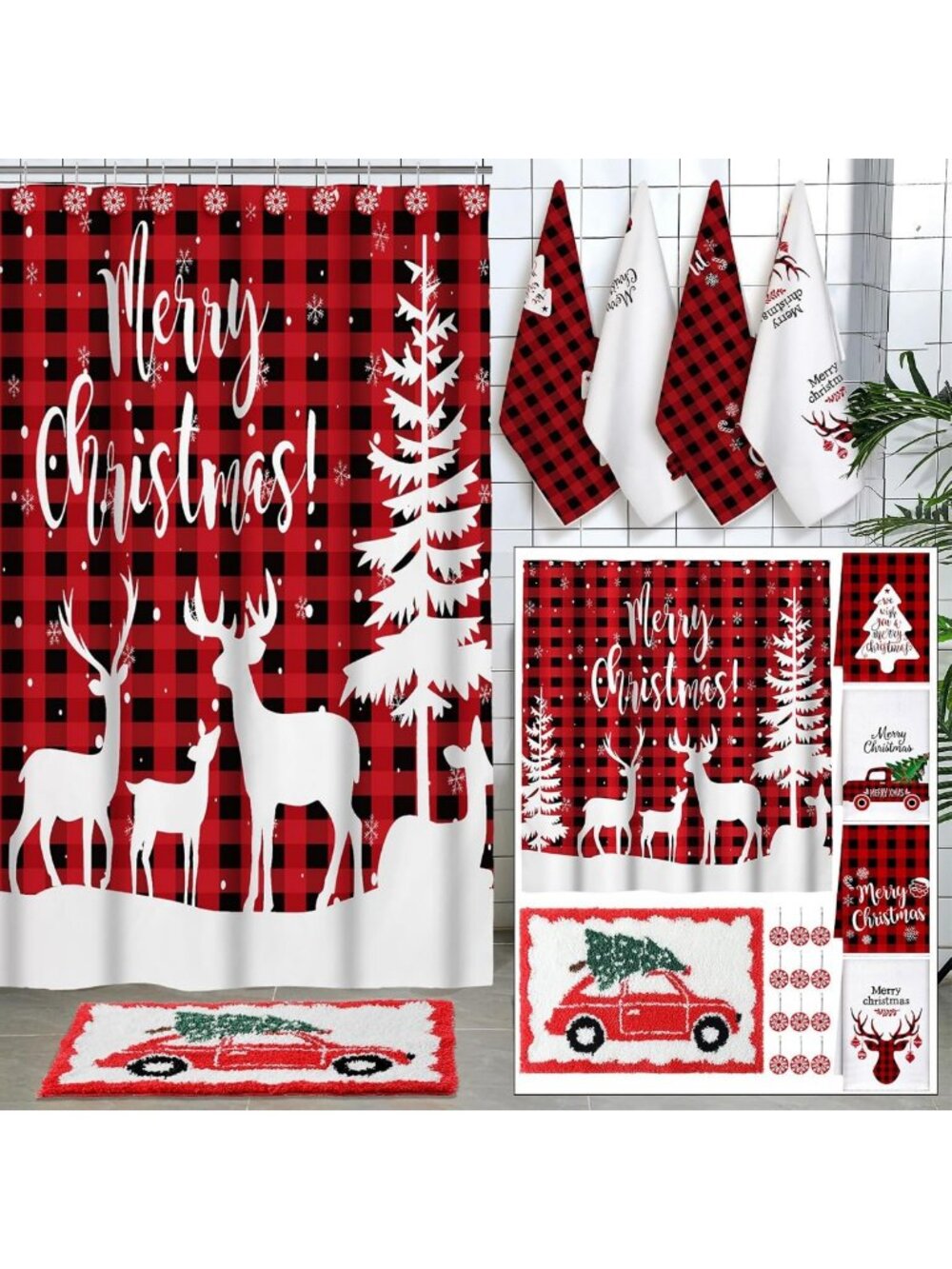 18 Pcs Christmas Shower Curtain Set - Santa & Reindeer Bathroom Decor, Holiday